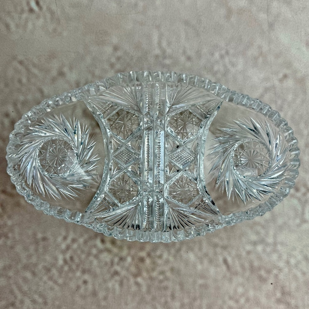 Vintage American Brilliant Period Cut Glass Celery Dish w Pinwheels & Hob Stars